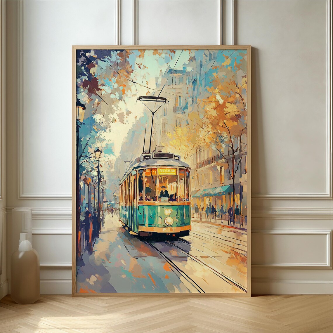 Vintage Tram Ride Through an Autumn City Street Painting Poster