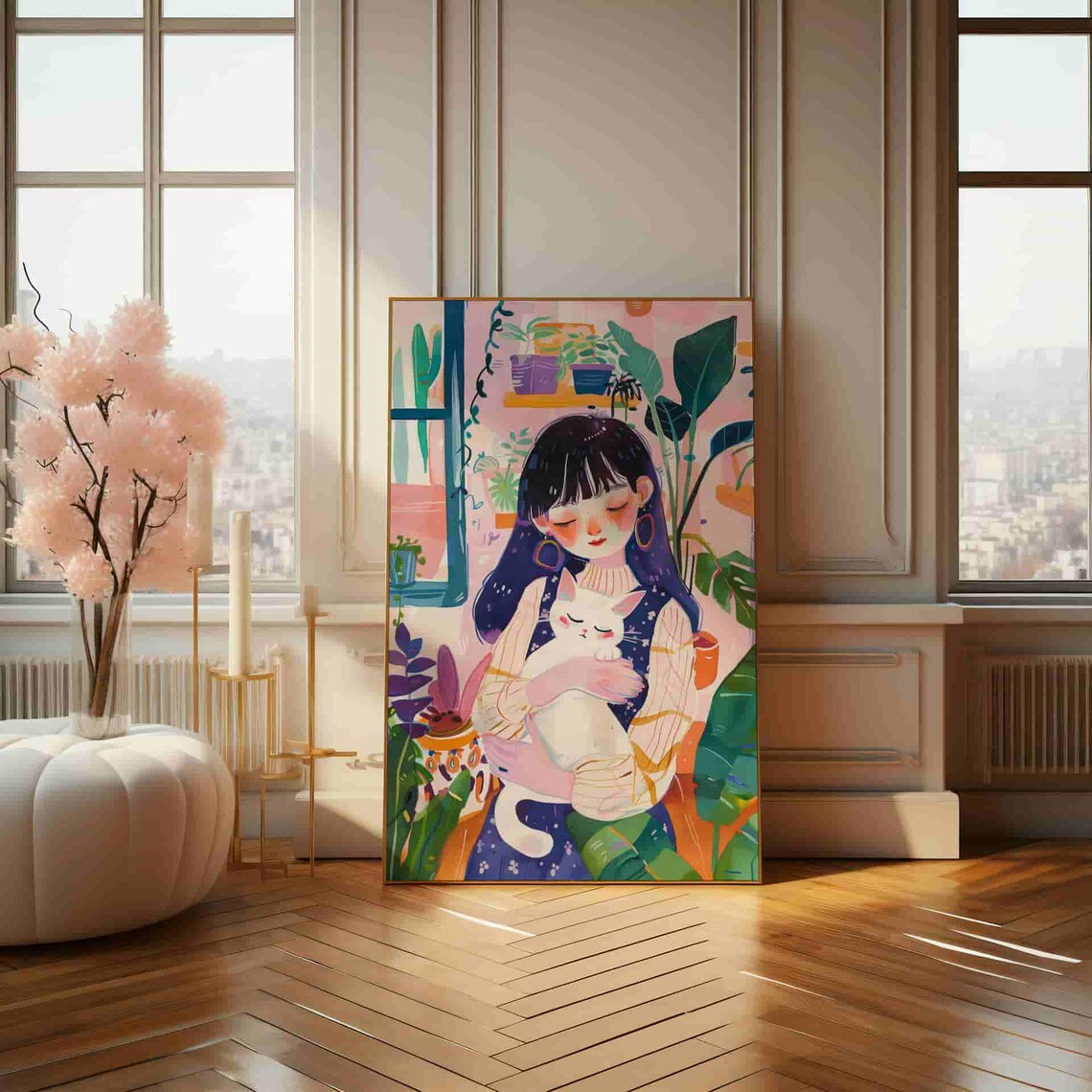 Cozy Illustration Girl Hugging White Cat With Plants Art Print - Image 4