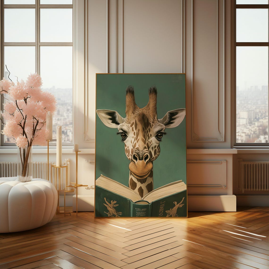 Curious Giraffe Reading A Book On Teal Background Animal Poster - Image 4