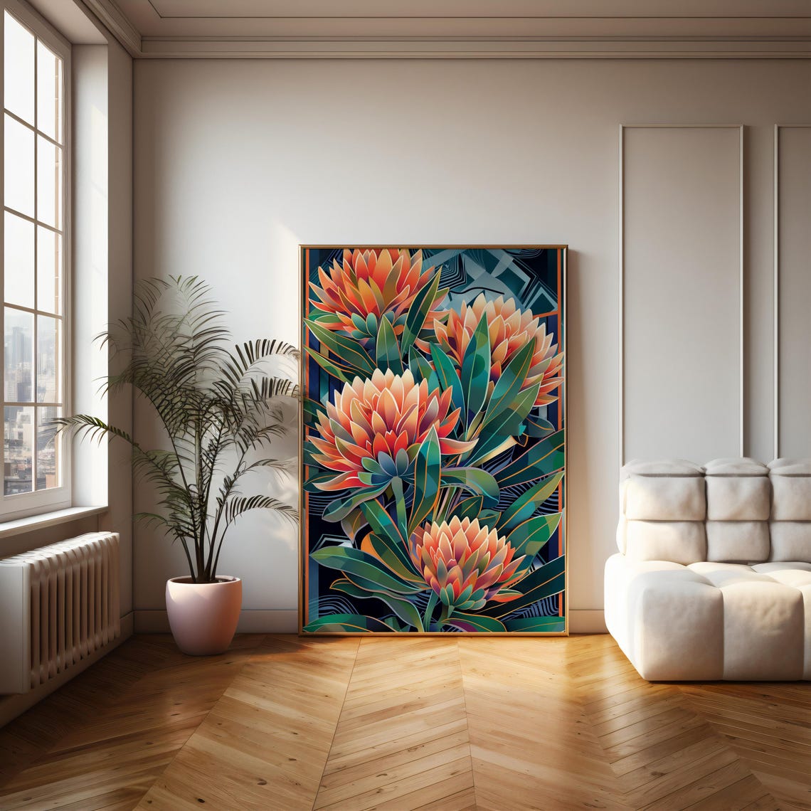 Glowing Orange King Protea Art Deco Dark Geometric Floral Poster - Image 2