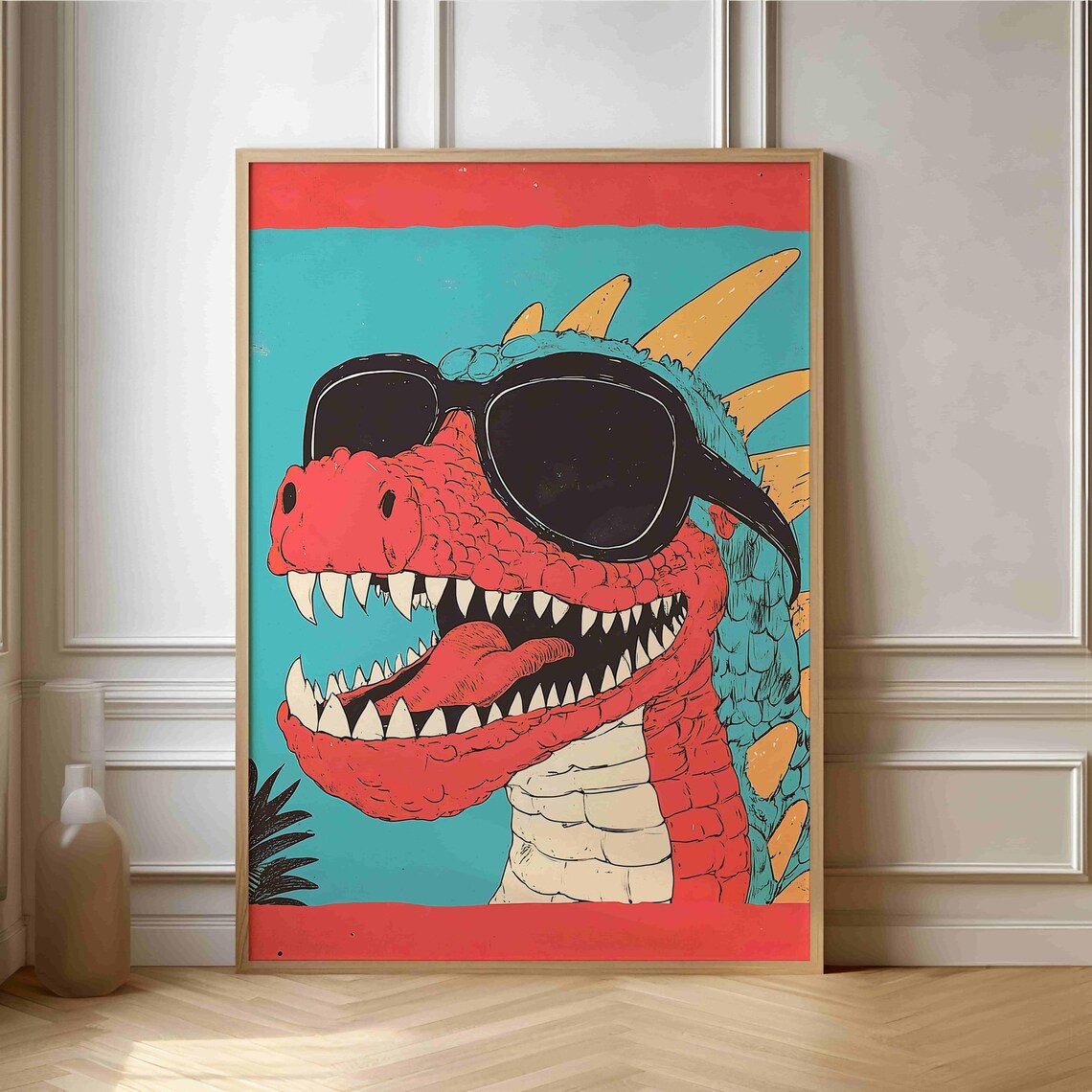 Retro Red Dinosaur Wearing Sunglasses Bold Pop Art Kids Poster
