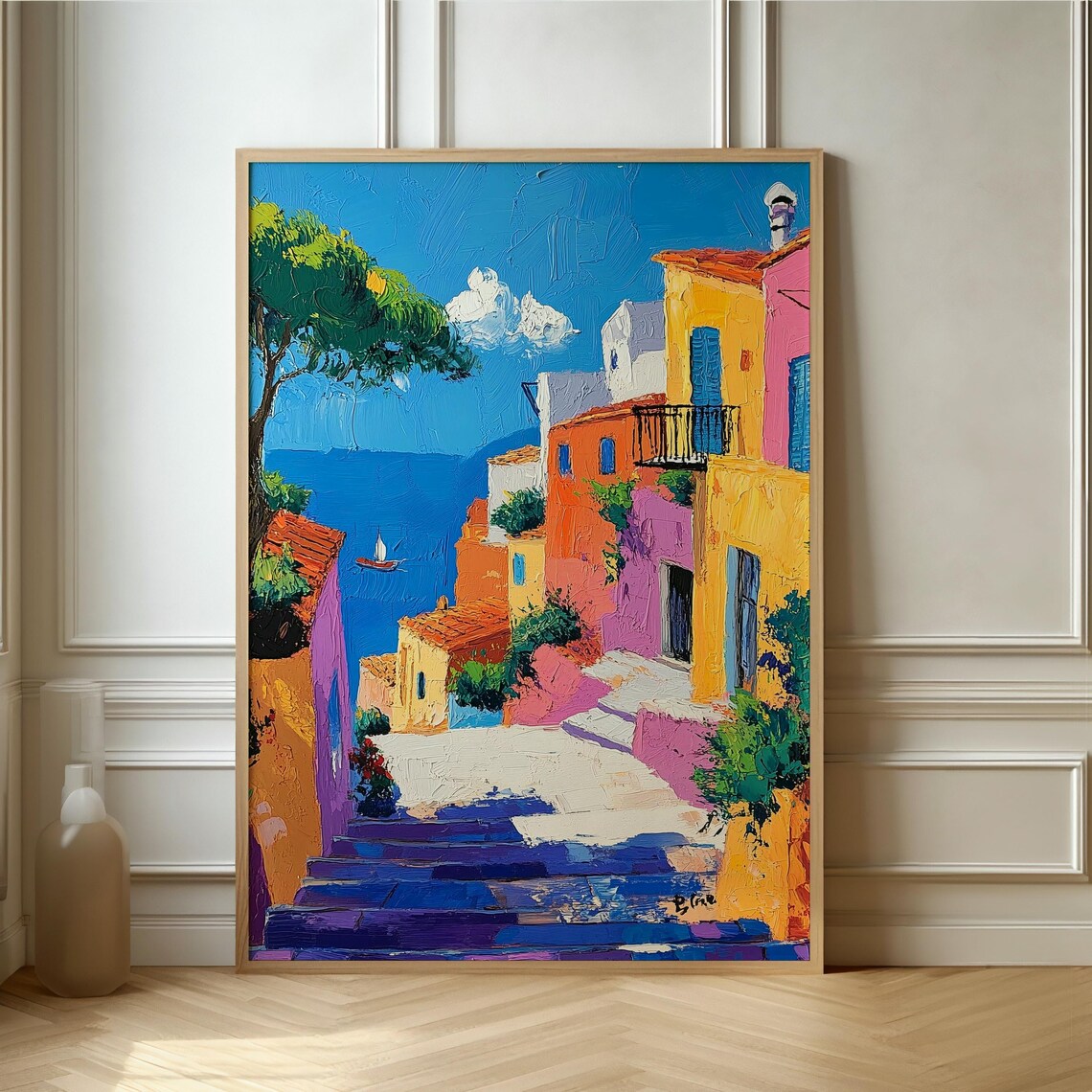 Colorful Coastal Village Steps Oil Painting Mediterranean Poster