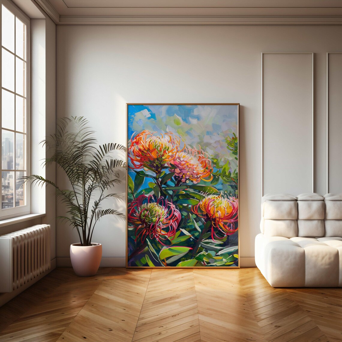Sunlit Orange Pincushion Protea Impressionist Oil Painting Poster - Image 2