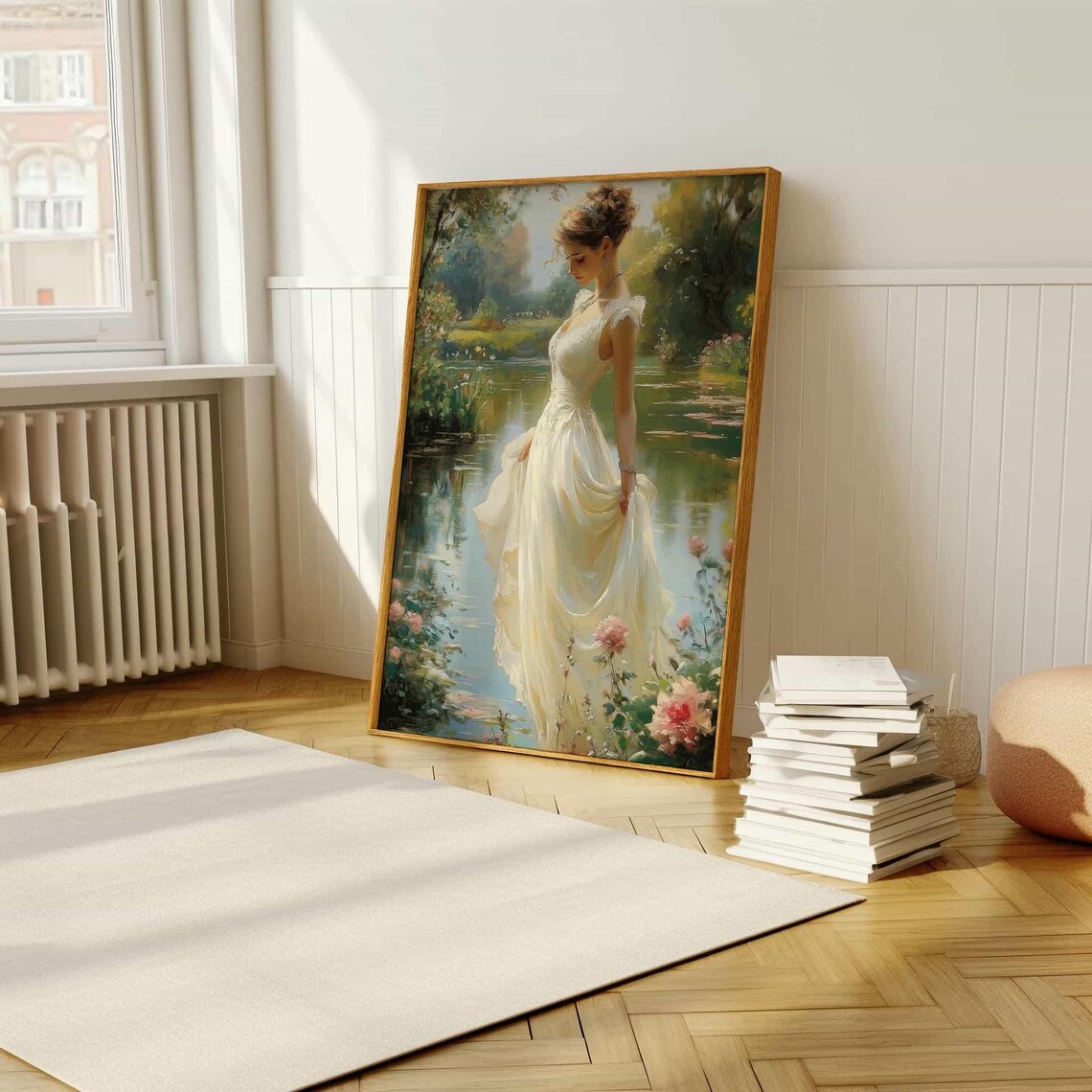 Woman in White Dress by Lily Pond Romantic Garden Painting Poster - Image 5