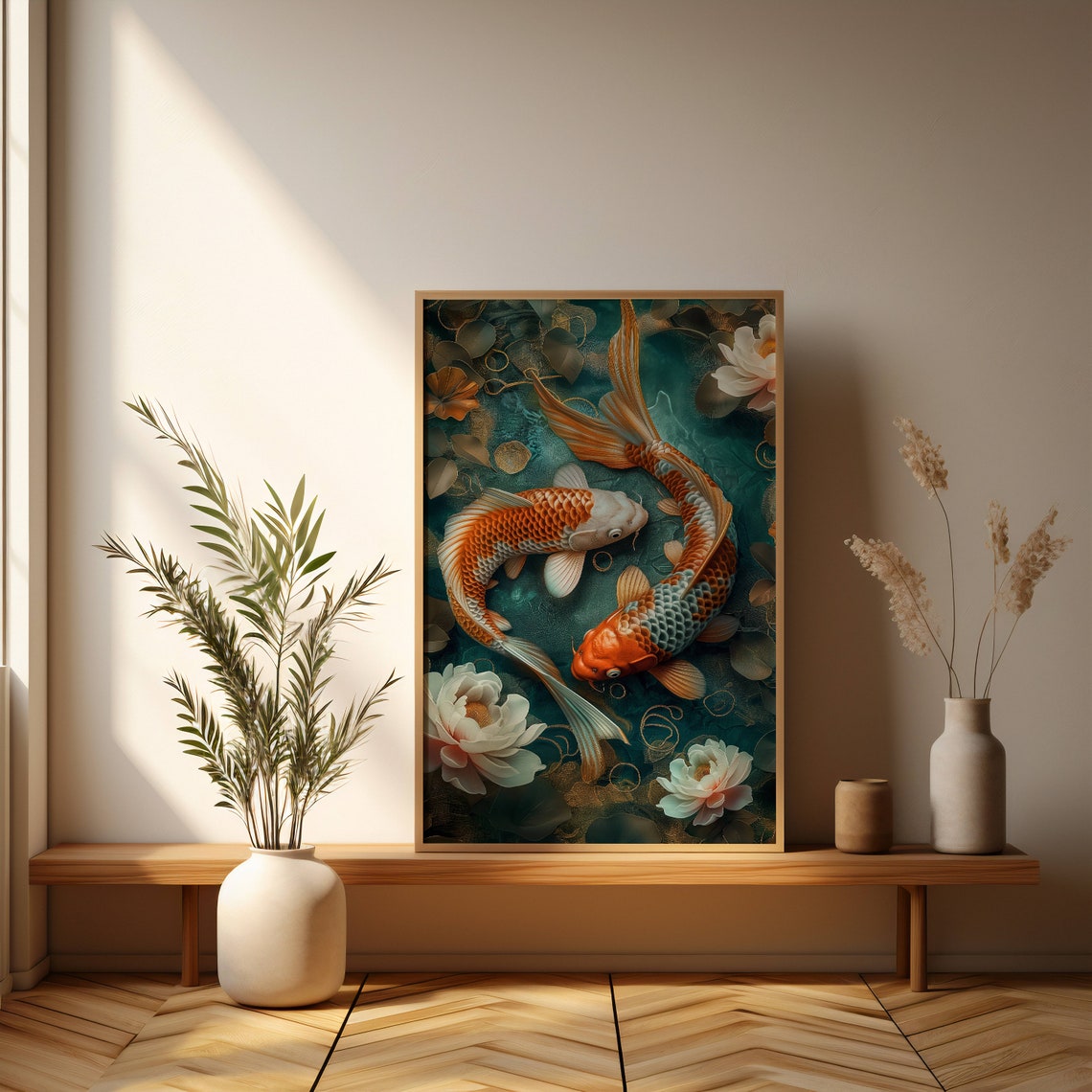 Koi Fish In A Pond With Flowers Symmetrical Harmony Realistic Style Poster - Image 5