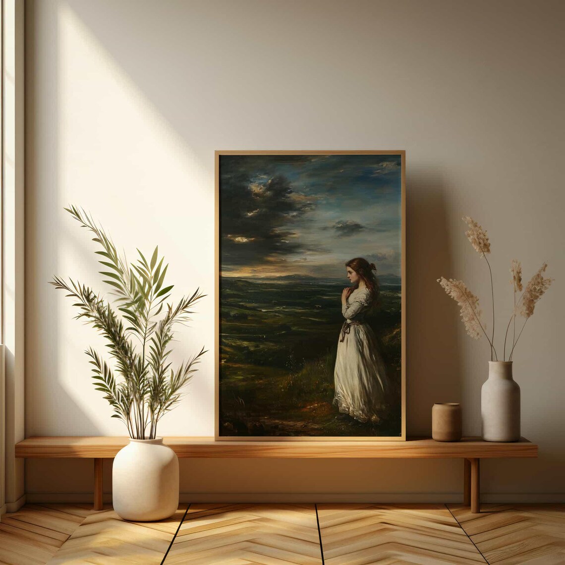 Woman in White Gown on Moorland Dusk Romantic Painting Poster - Image 3