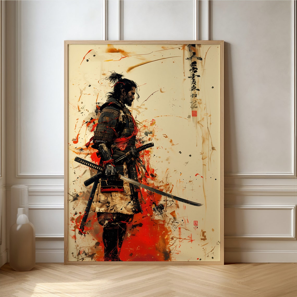 Samurai Warrior With Katana in Red and Black Ink Splash Art Poster
