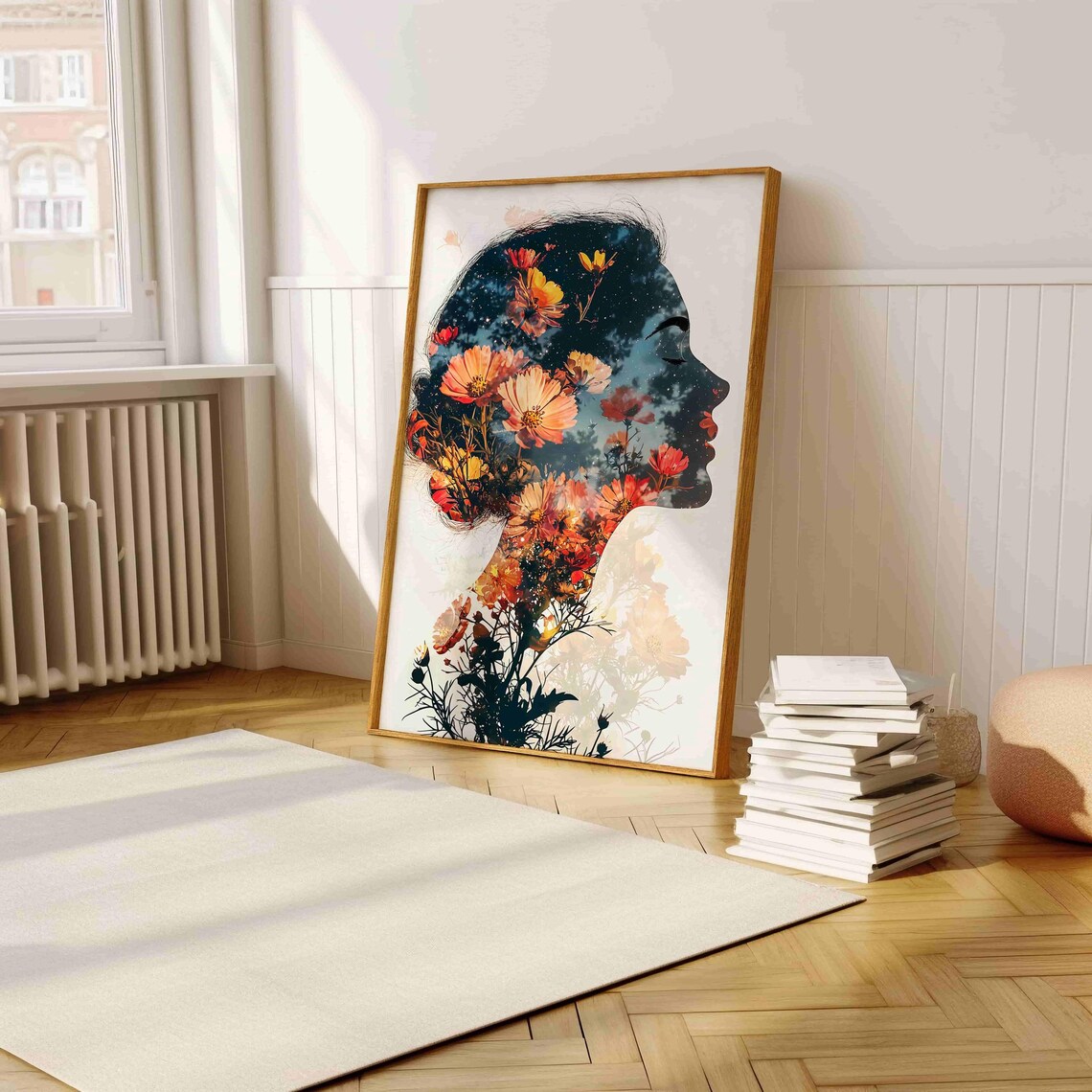 Double Exposure Flower Filled Woman Profile Night Sky Poster - Image 5