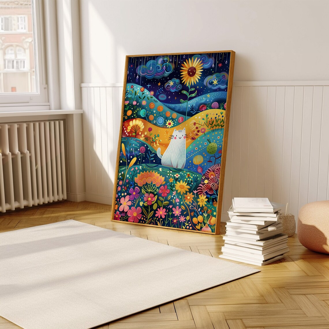 Whimsical Cat Fantasy Garden Night Scene Art Print - Image 5