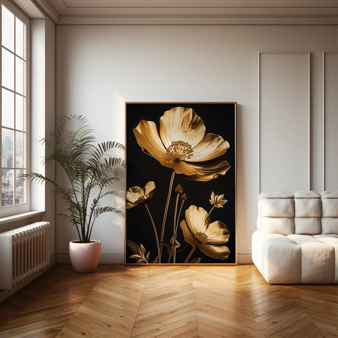 Modern Gold Flower Art Poster, Metallic Floral Decor - Image 2