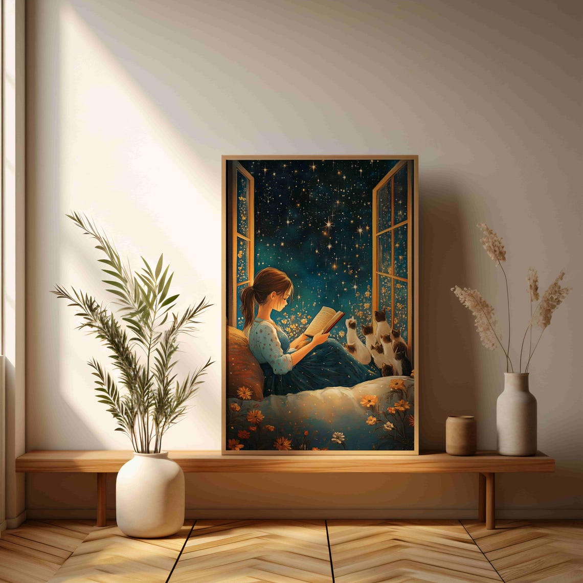 Girl Reading Under Starry Night Sky with Cats Illustration Poster - Image 3