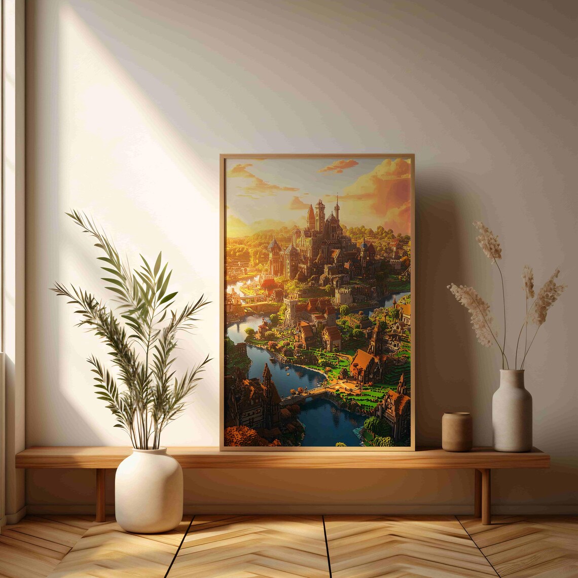 Voxel Castle Town By River At Sunset Epic Gaming Fantasy Art Print - Image 3