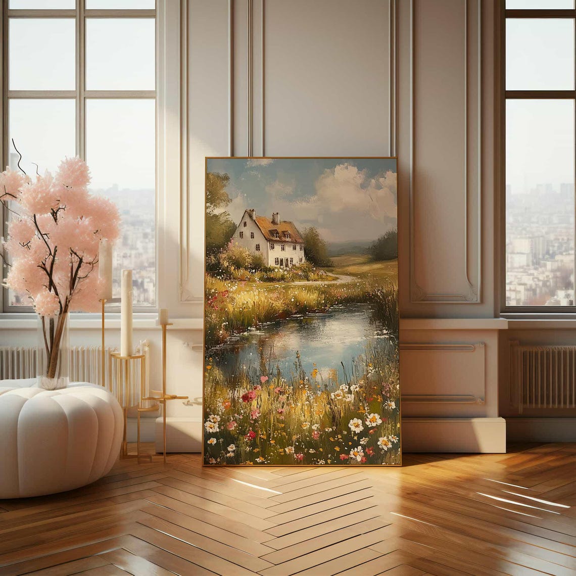 White Cottage by a Pond With Wildflowers Impressionist Poster - Image 4