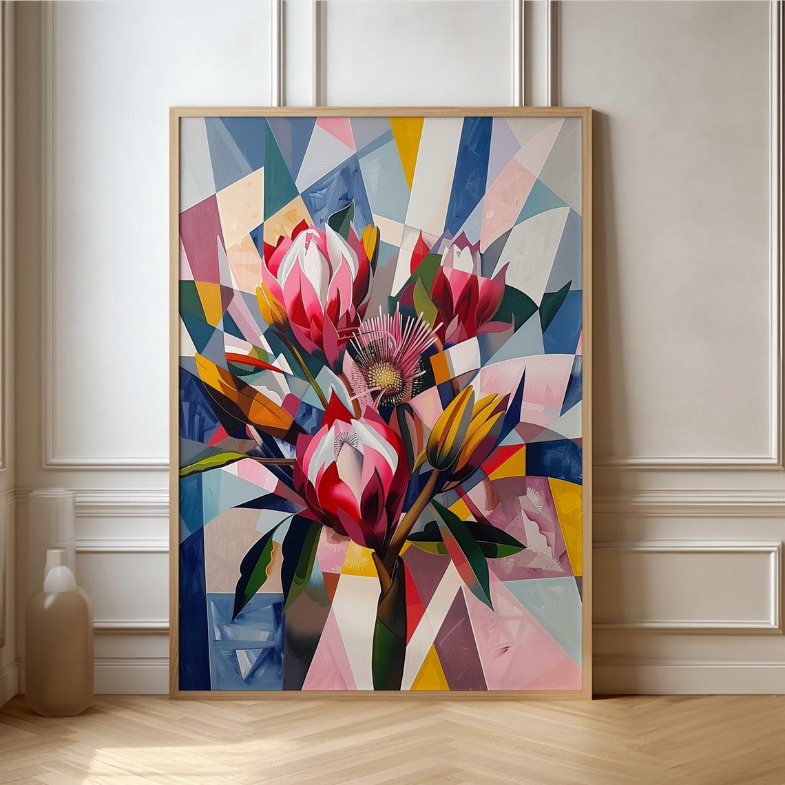 Fragmented Cubist Protea Bouquet Pink Pastel Mosaic Artwork Poster
