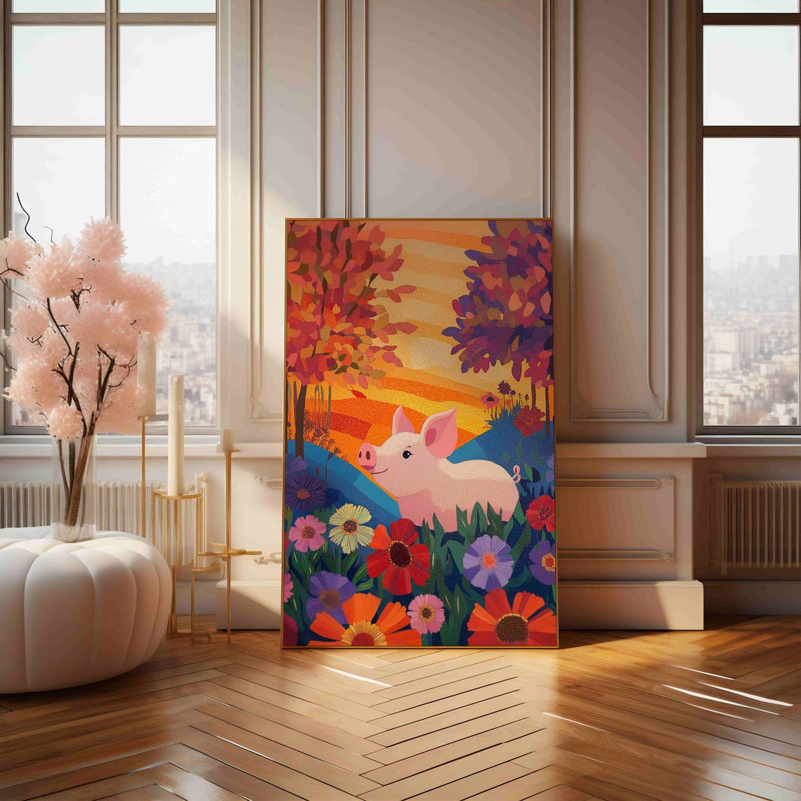 Cute Pink Piglet in Wildflower Meadow Sunset Folk Art Poster - Image 4