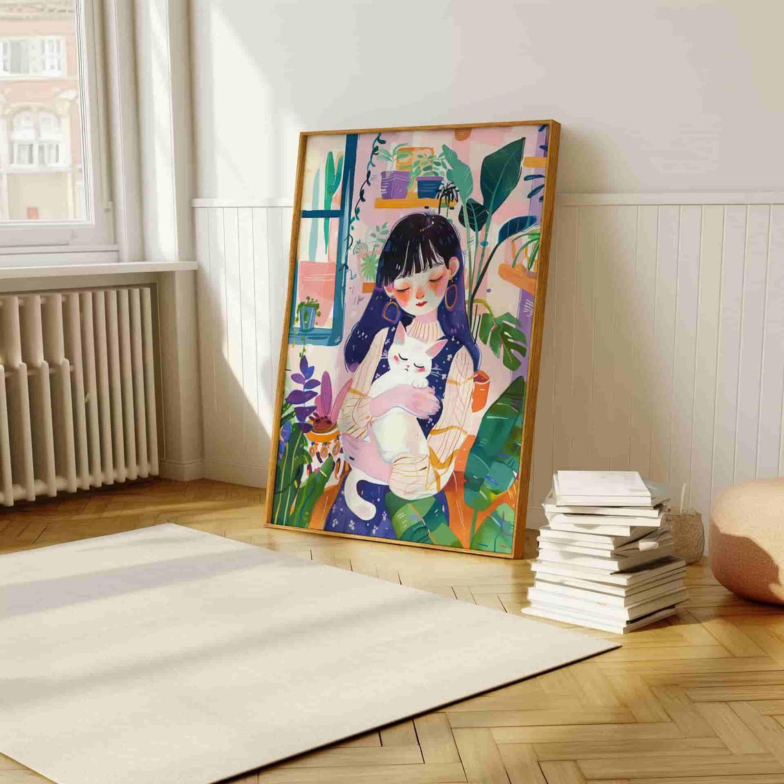 Cozy Illustration Girl Hugging White Cat With Plants Art Print - Image 5