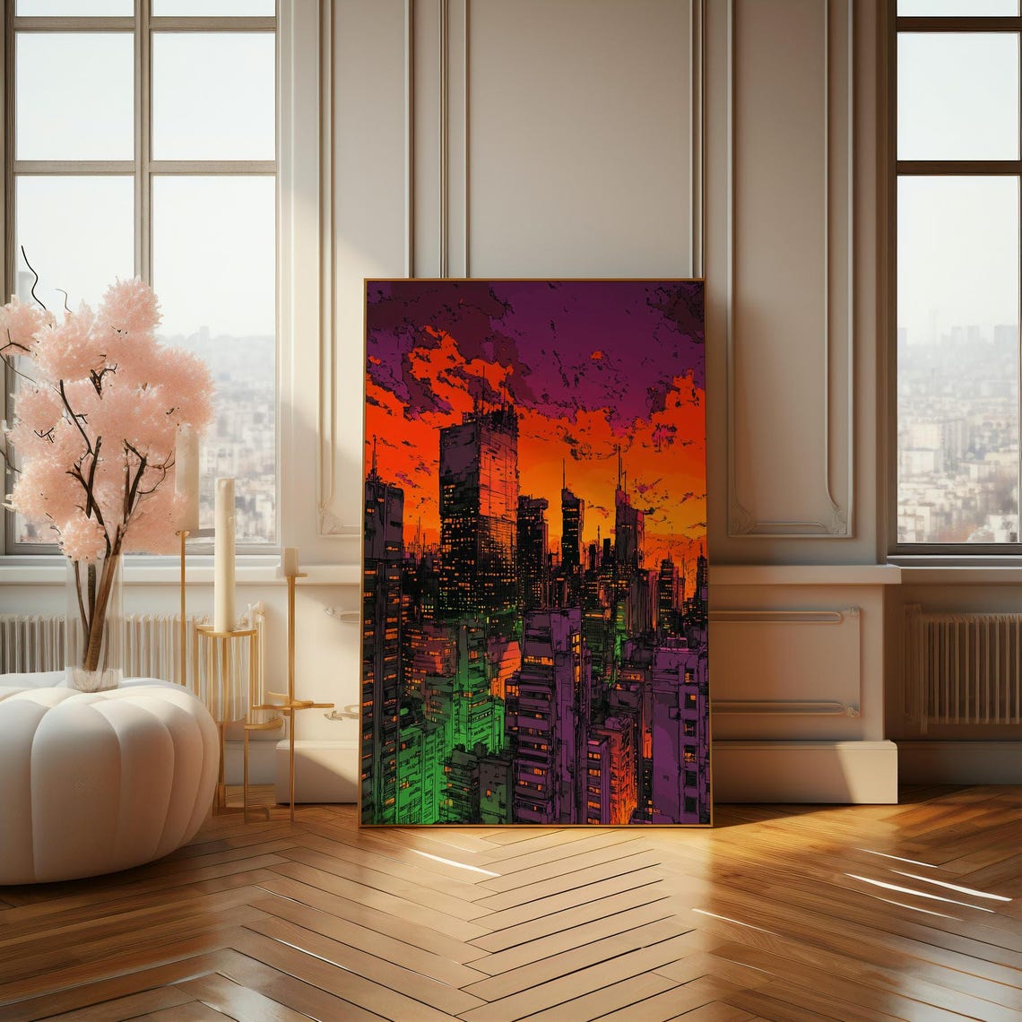 Colorful Neon City Skyline at Sunset Graphic Urban Art Poster - Image 4
