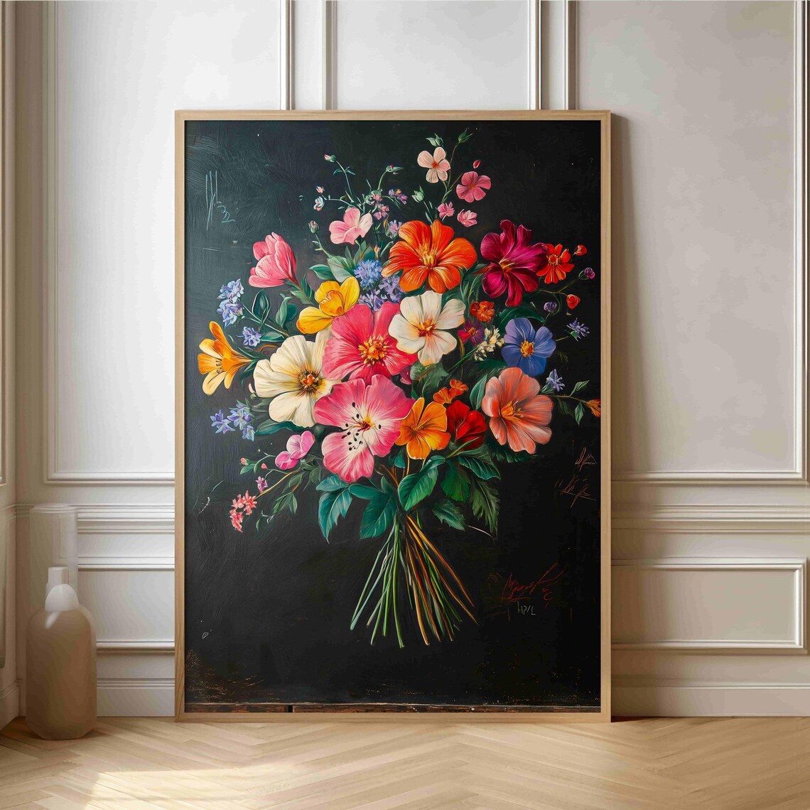 Bright Wildflower Bouquet On Dark Board Watercolor Art Print