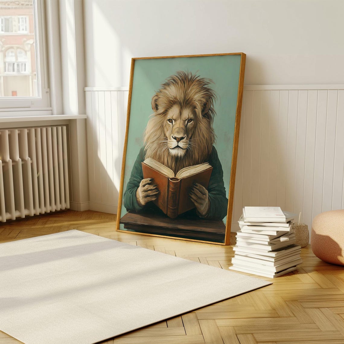 Majestic Lion Reading Book At Desk Quirky Vintage Style Poster - Image 5