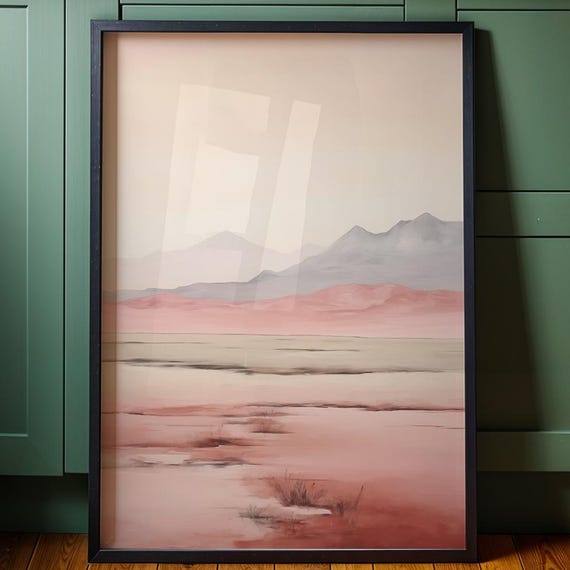 Blush Desert Landscape Print Soft Pink Serene Mountain Painting Scene Minimalist Nature Illustration For Bedroom Or Home