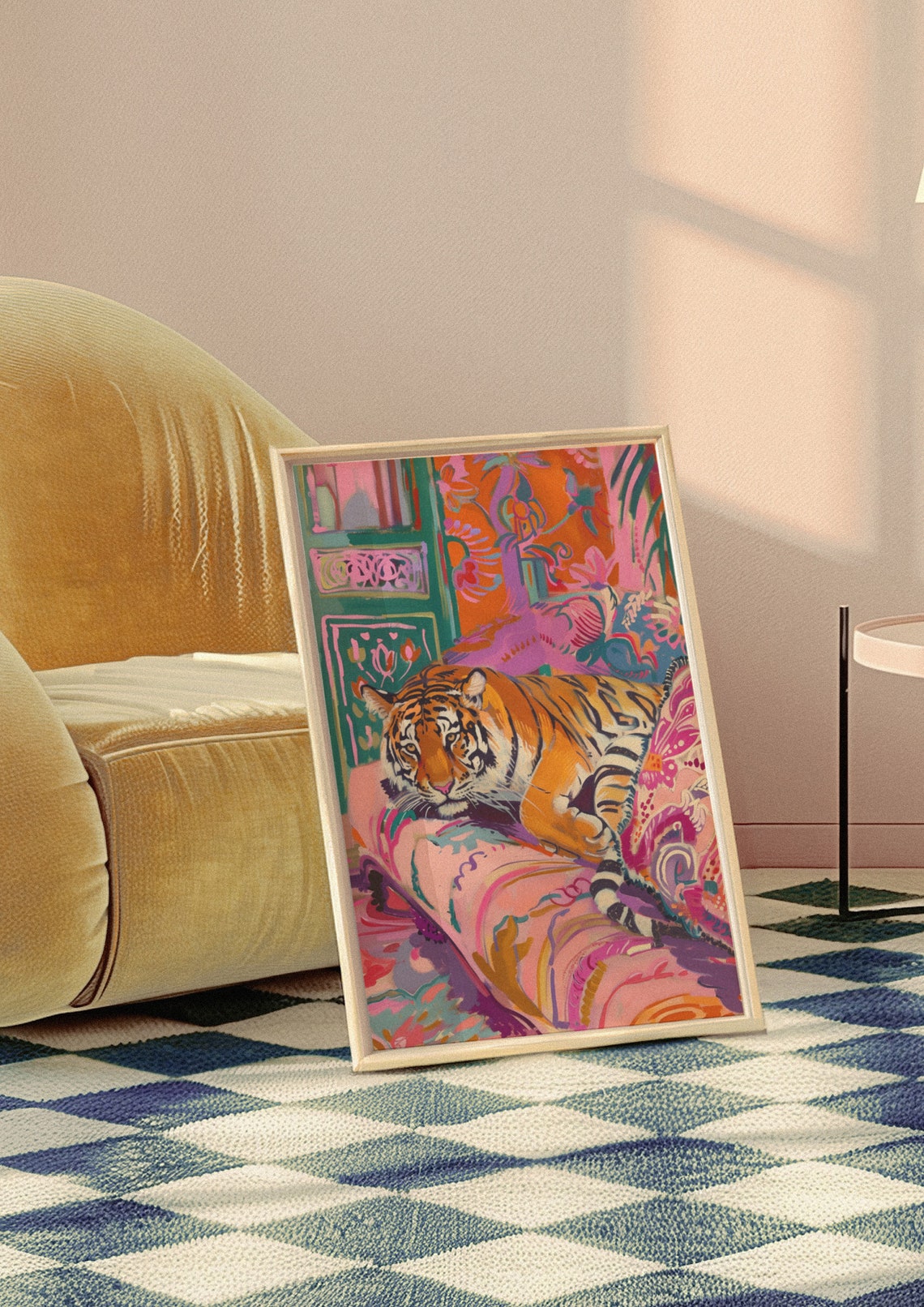 Relaxed Tiger Lounging on a Pink Patterned Armchair Art Poster - Image 5
