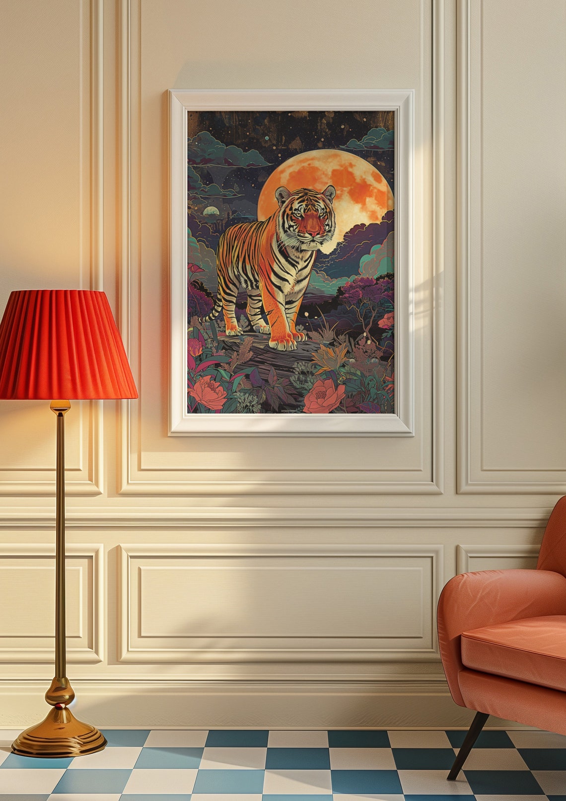Tiger Standing Under Giant Moon Poster In Night Jungle Garden - Image 6