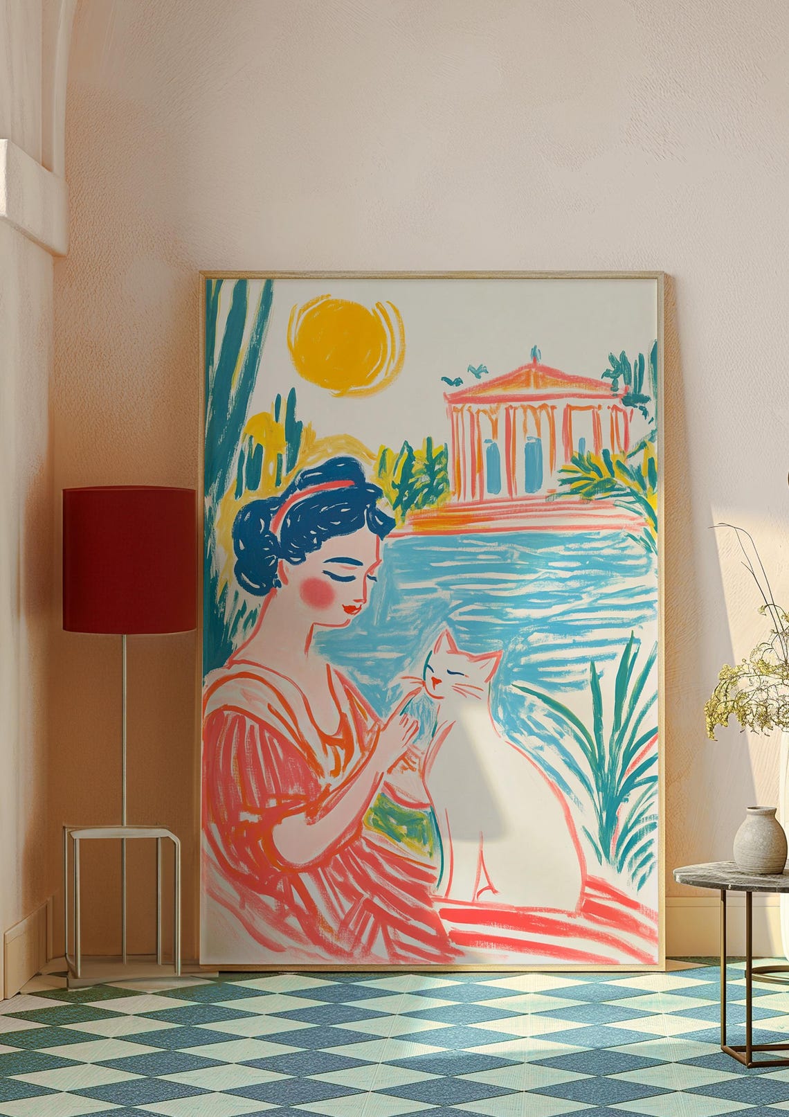 Woman With White Cat by Mediterranean Temple Sunny Illustration Poster - Image 8