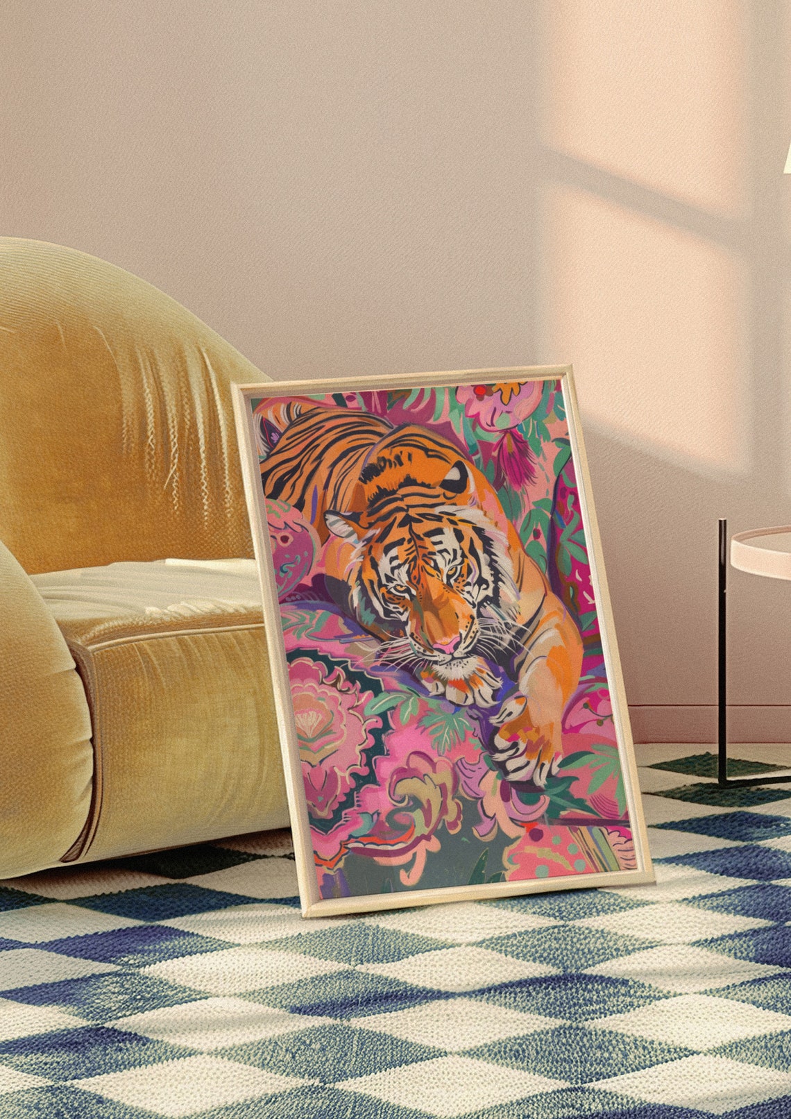 Orange Tiger Resting Among Pink Flowers Maximalist Art Print - Image 4