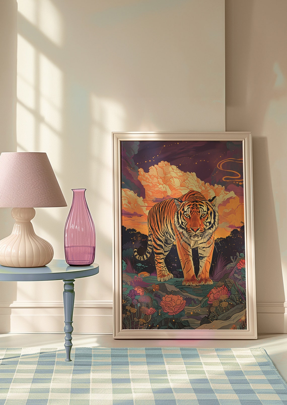 Tiger Walking Through a Vibrant Night Jungle with Flowers Poster - Image 8