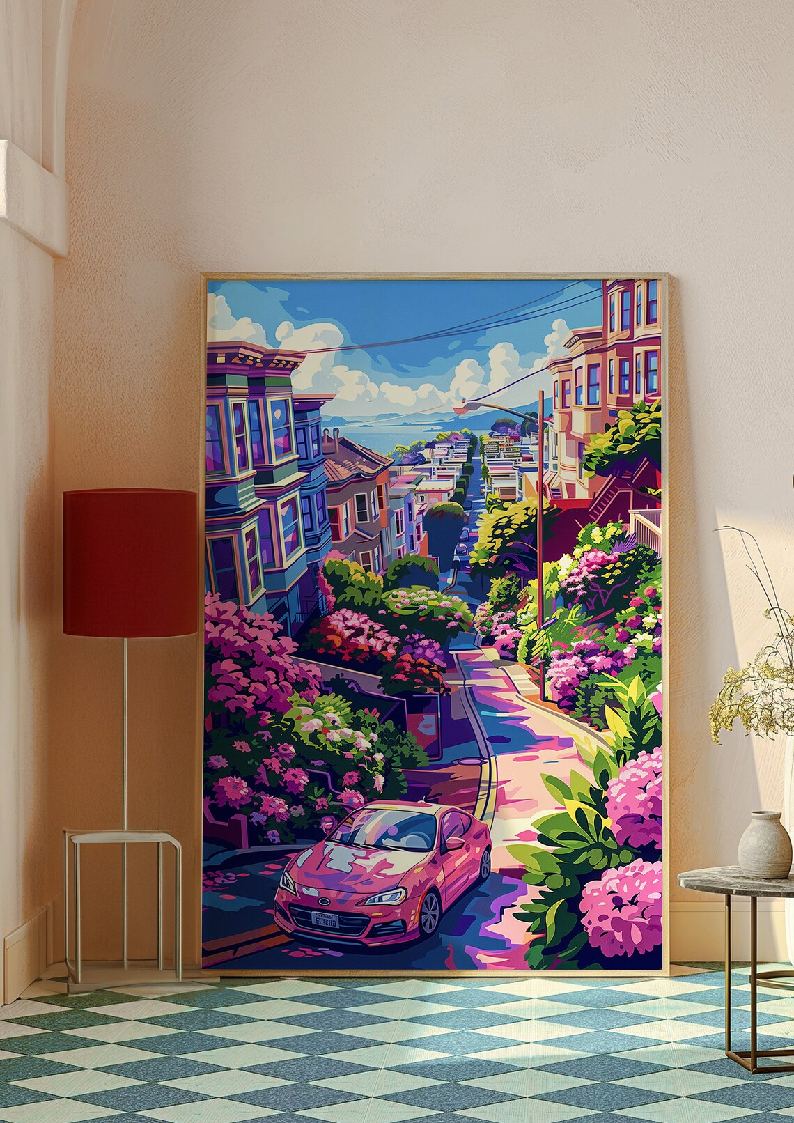 Joyful Hilly City Street with a Pink Car and Blooming Flowers Poster - Image 2