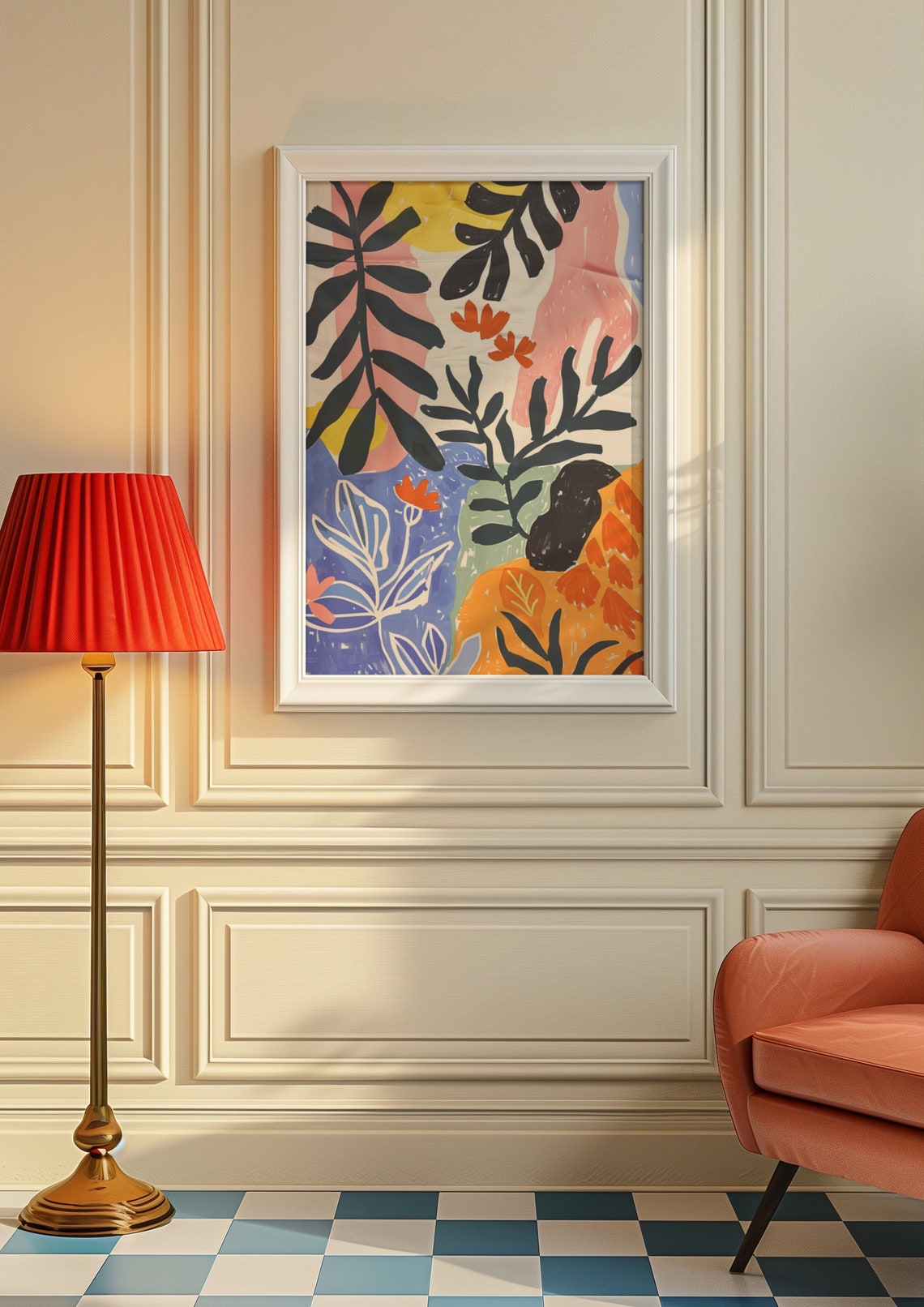 Tropical Leaves Black Fronds Orange Blooms Abstract Wall Art - Image 9