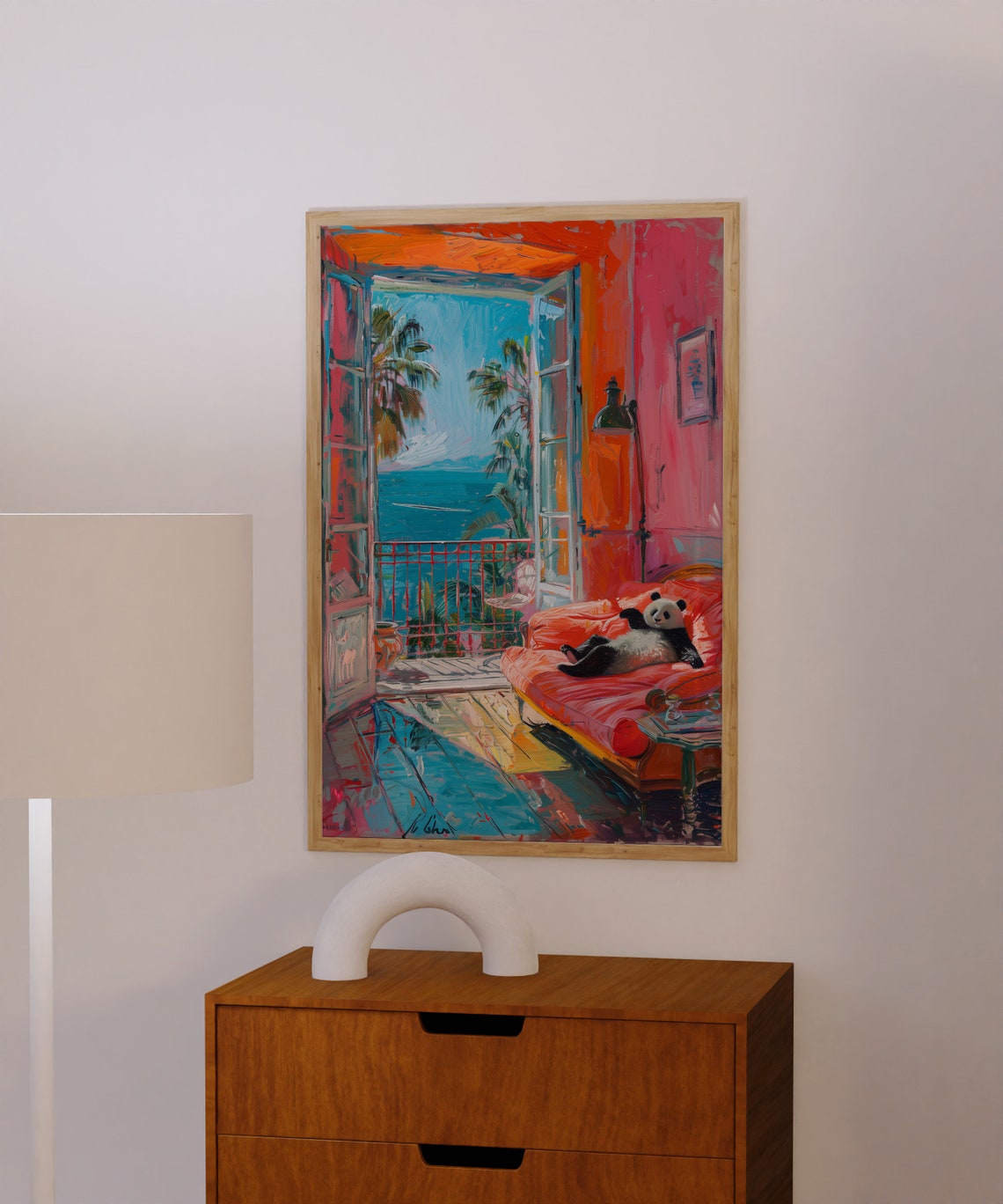 Adorable Lazy Panda Lounging on a Red Sofa by the Sea Art Poster - Image 4