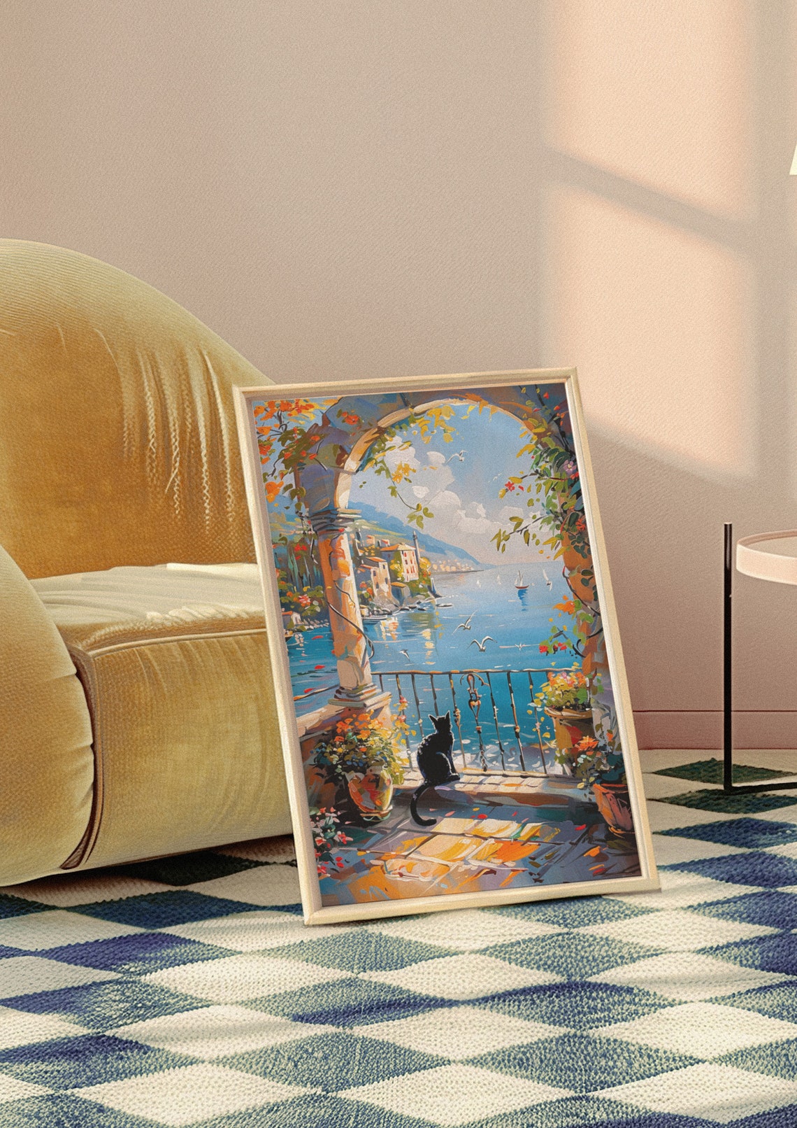 Black Cat Sitting on a Sunny Terrace Overlooking the Blue Sea Poster - Image 5