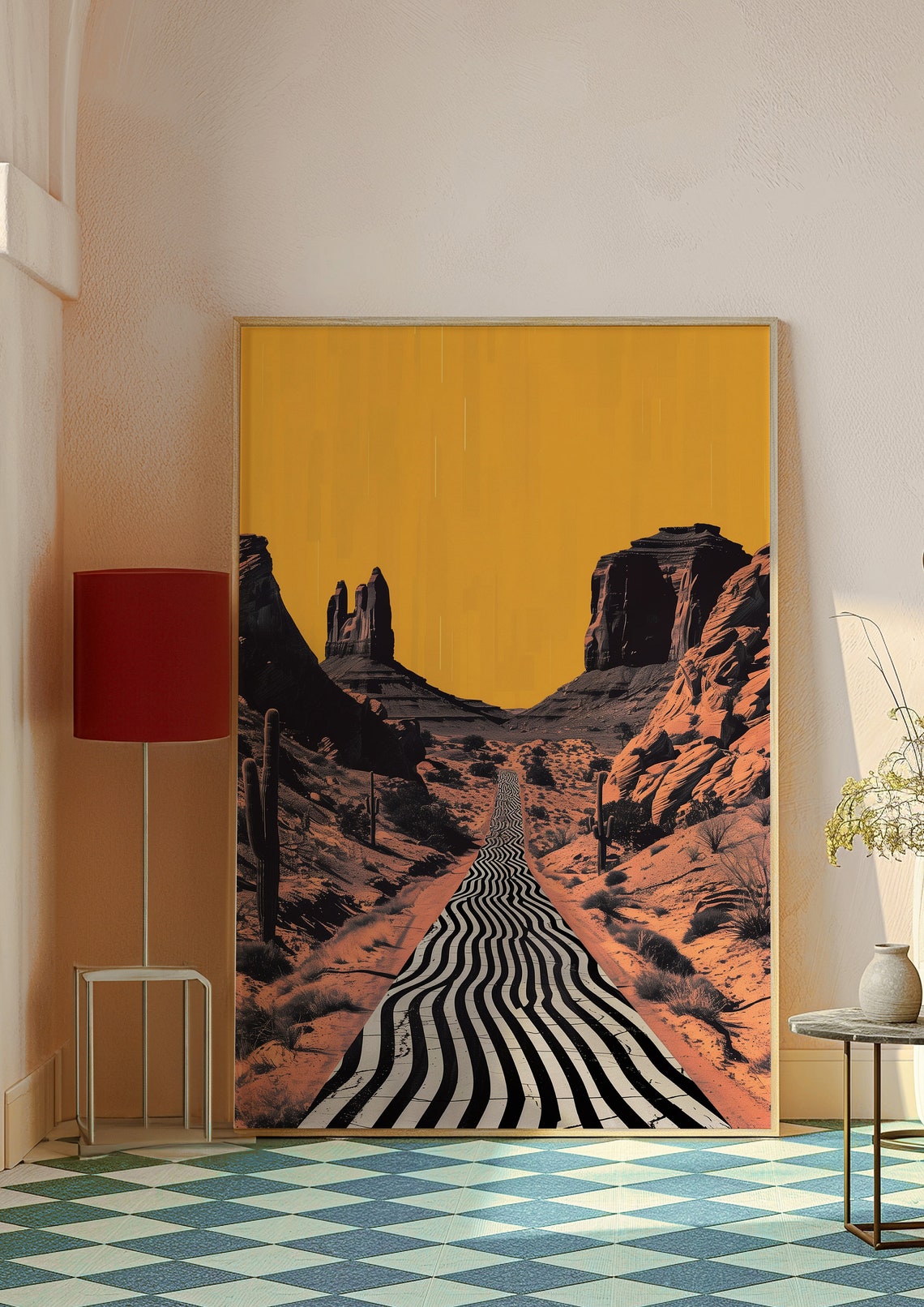 Graphic Wavy Striped Desert Canyon Road Under Golden Sky Poster - Image 8