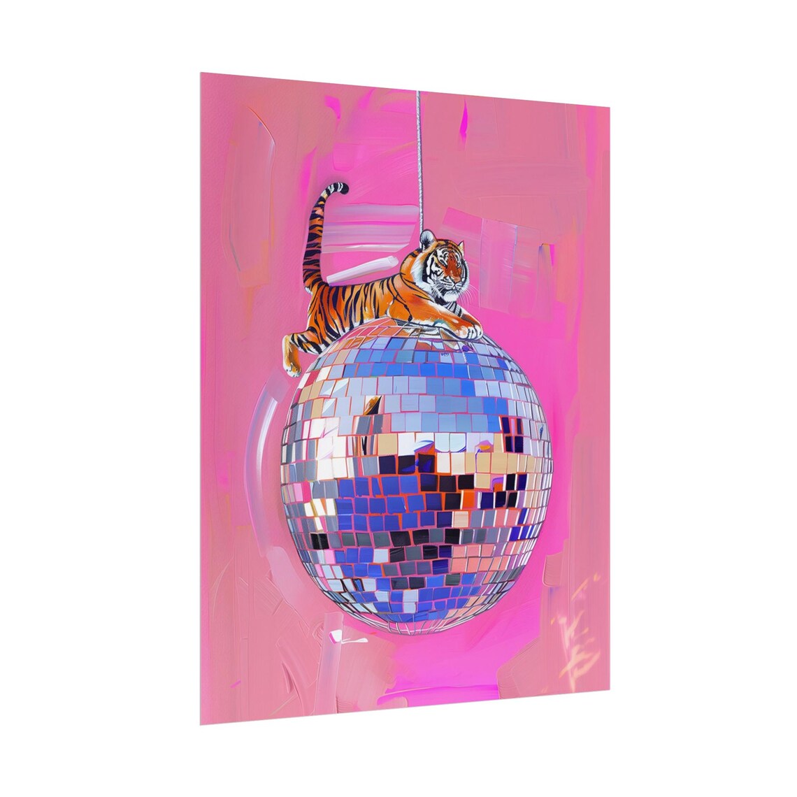 Tiger Lounging on Top of Giant Disco Ball Pink Maximalist Animal Poster - Image 3