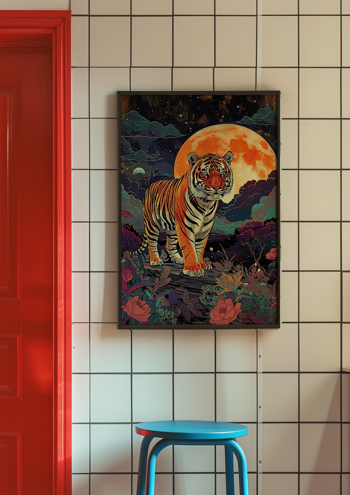 Tiger Standing Under Giant Moon Poster In Night Jungle Garden - Image 8