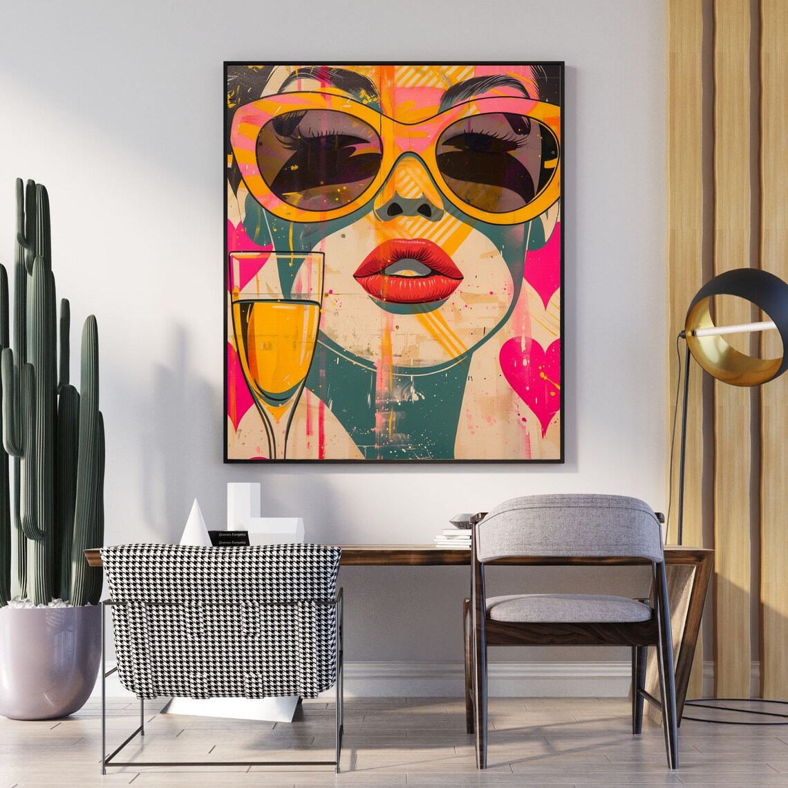 Pop Art Woman With Sunglasses And Cocktail Poster In Pink Hearts - Image 2