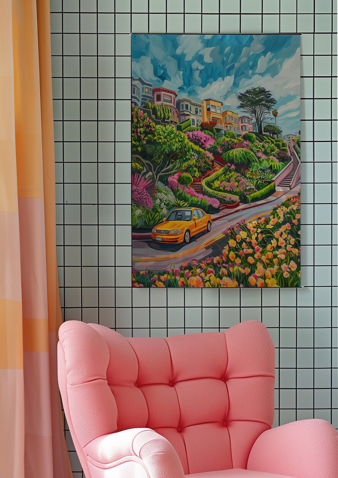 Colorful Winding Hillside City Street with a Yellow Taxi Poster - Image 6