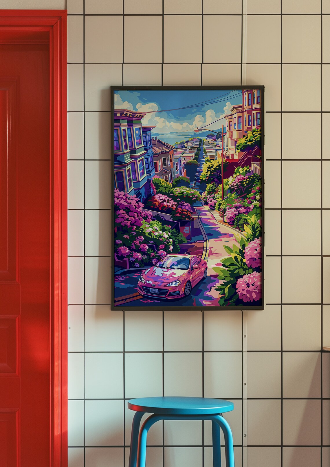 Joyful Hilly City Street with a Pink Car and Blooming Flowers Poster - Image 9