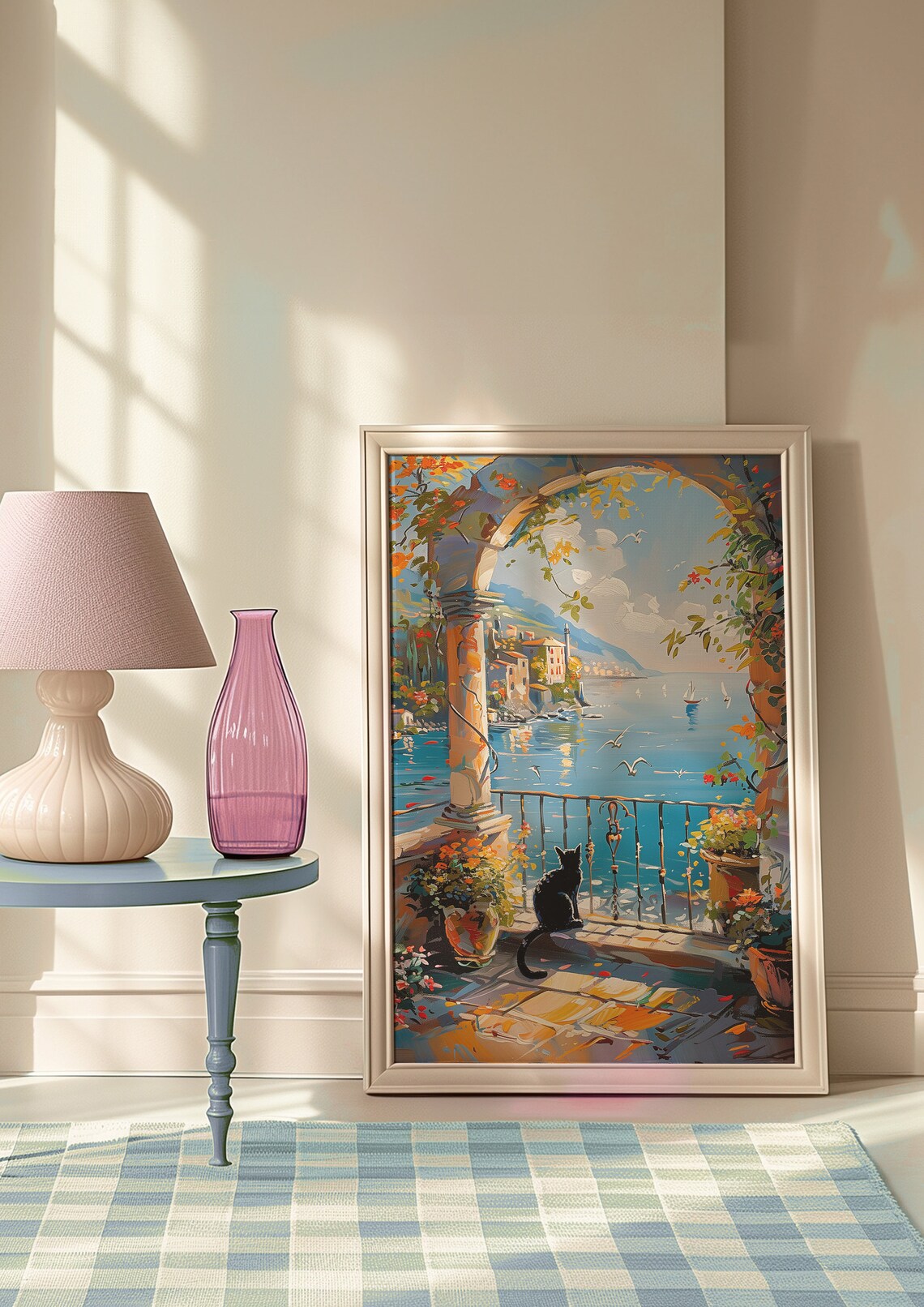 Black Cat Sitting on a Sunny Terrace Overlooking the Blue Sea Poster - Image 9