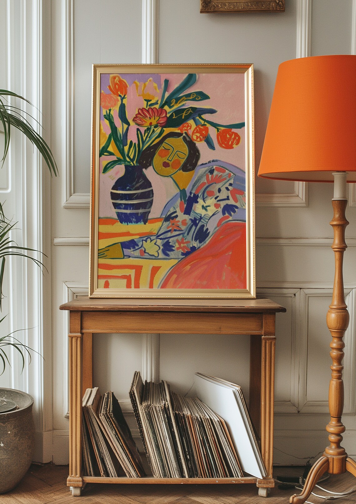 Resting Woman by Blue Vase With Red Orange Flowers Still Life Poster - Image 2