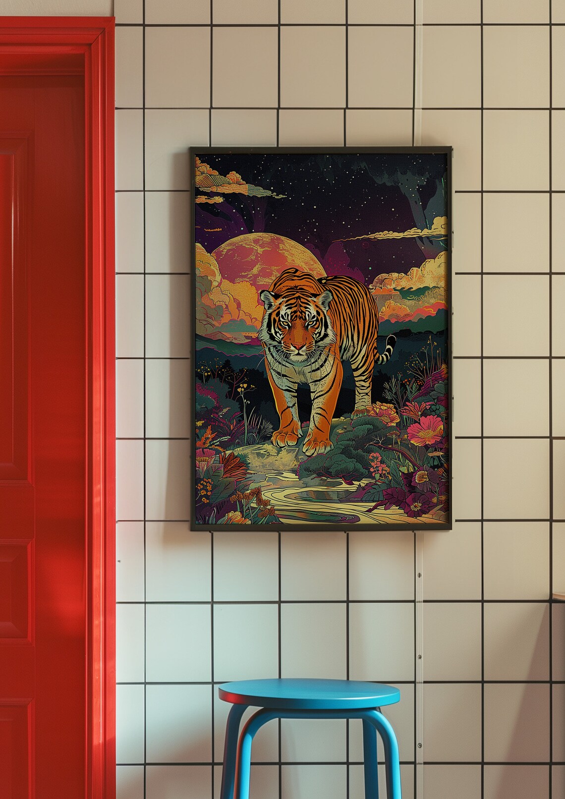 Majestic Tiger Beneath a Giant Red Sun in Starry Night Sky Poster - Image 7