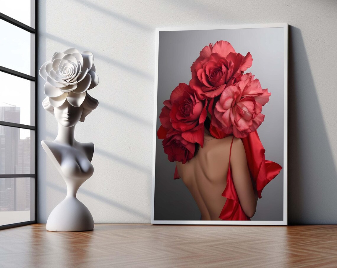 Red Roses Woman From Behind Giant Rose Head Surreal Floral Poster