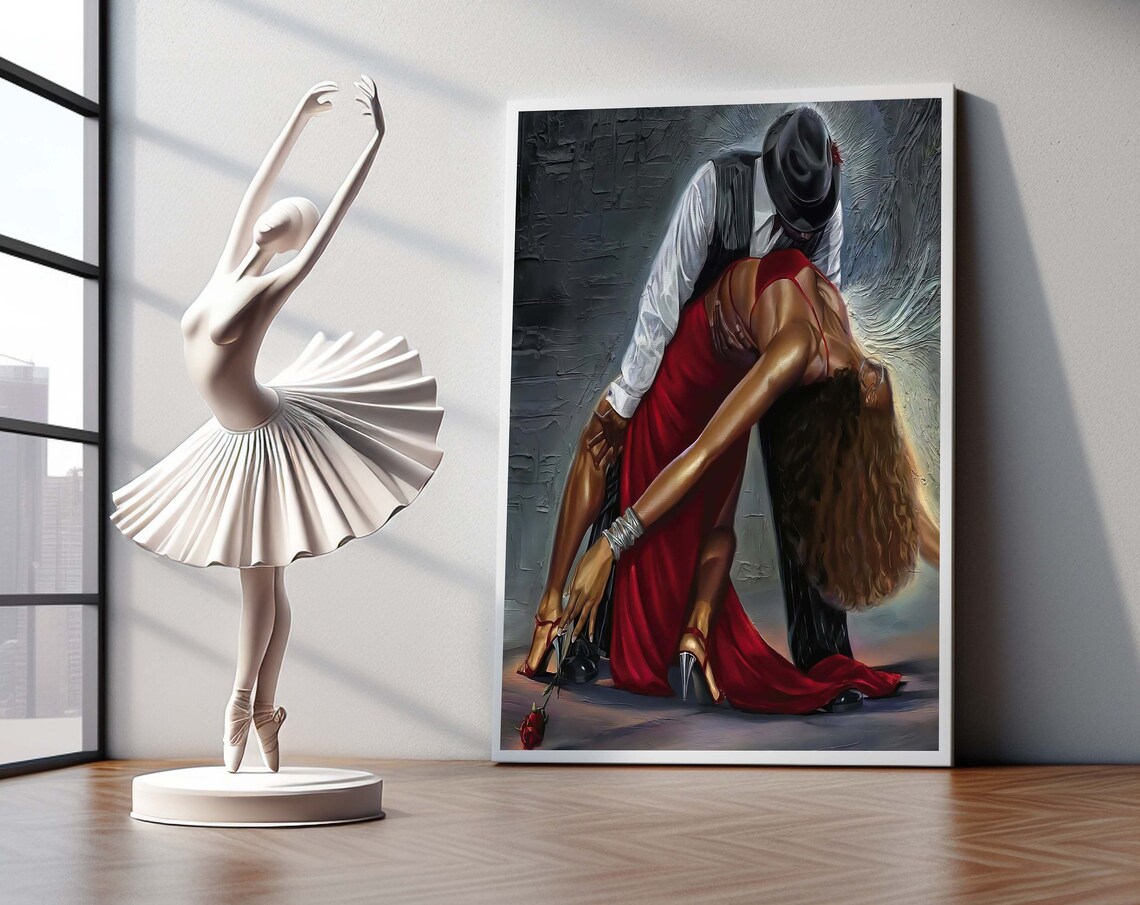 Passionate Tango Dip Red Dress Couple Dramatic Dance Painting Print