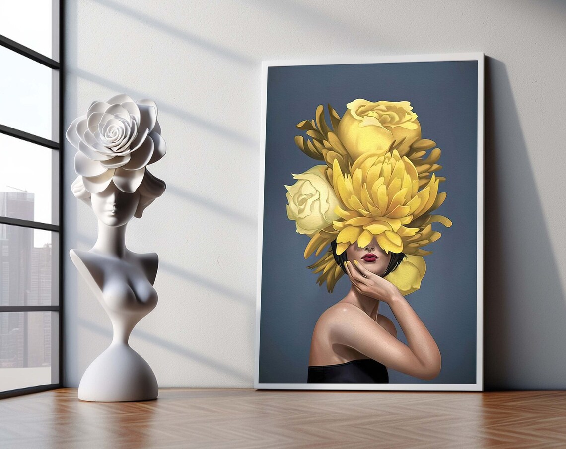 Yellow Bloom Woman Canvas Bold Floral Silhouette Wall Art Modern Botanical Portrait Print Large Statement Decor Gift