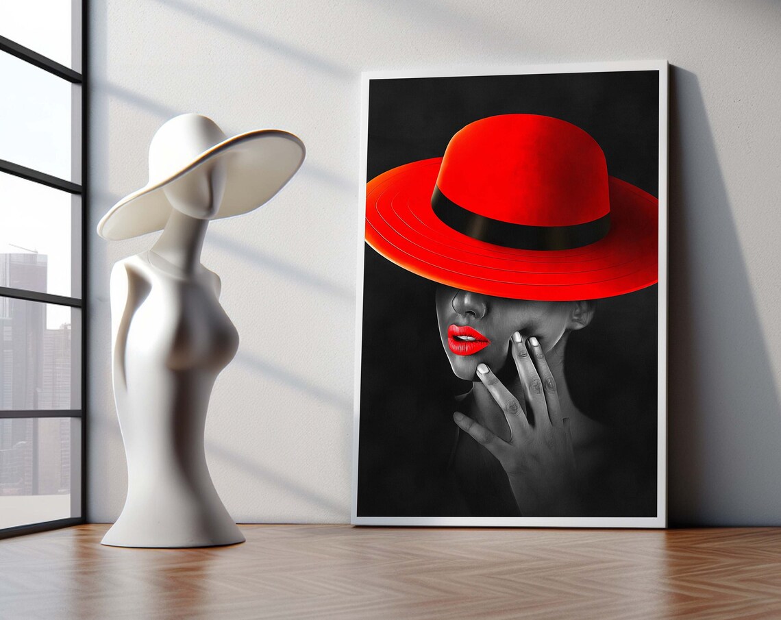 Mysterious Woman in a Bold Red Hat Black and White Fashion Poster