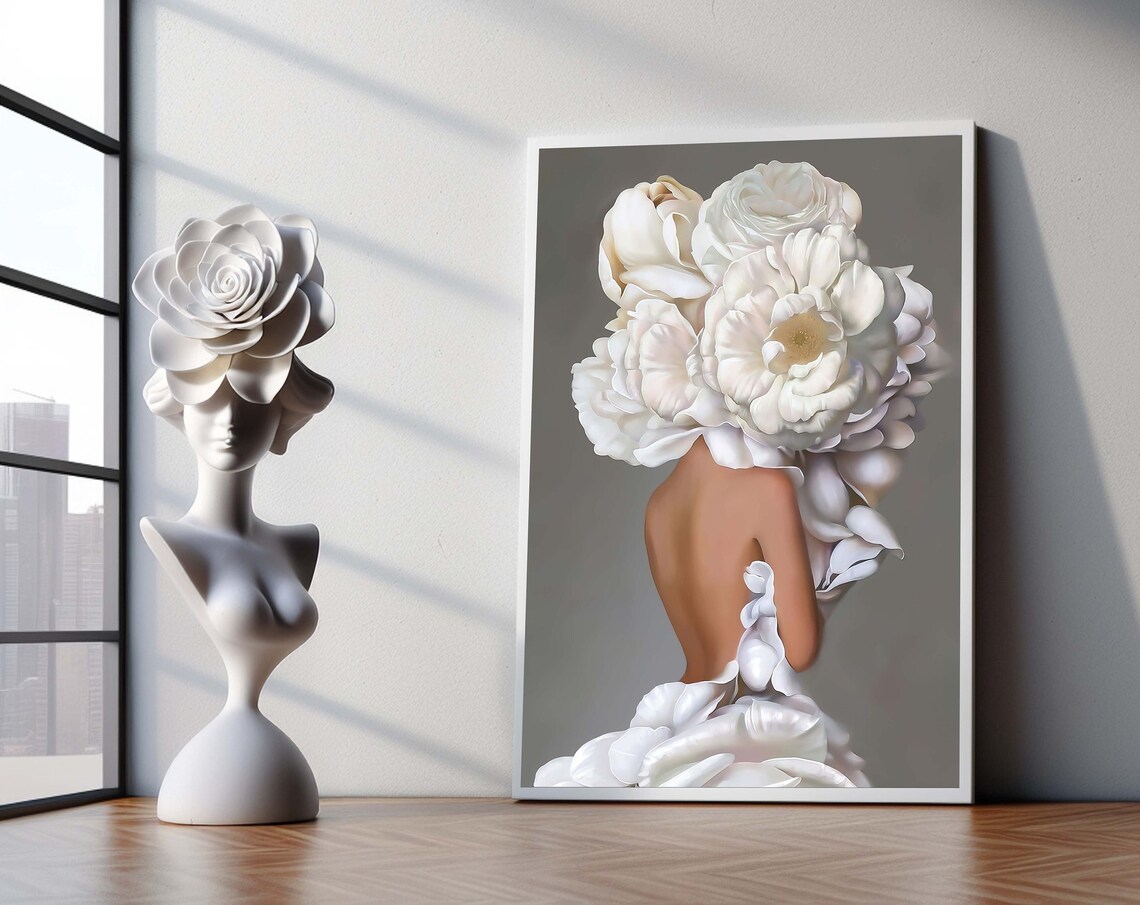 Woman From Behind With Giant White Peony Blossoms Surreal Floral Poster