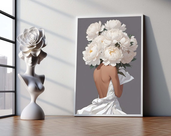 Floral Woman Canvas Wall Art White Bouquet Portrait Neutral Modern Minimalist Print For Bedroom Living Room Dcor