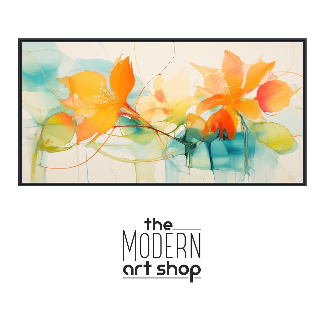 Panoramic Orange Teal Translucent Watercolor Flowers Art Print - Image 4