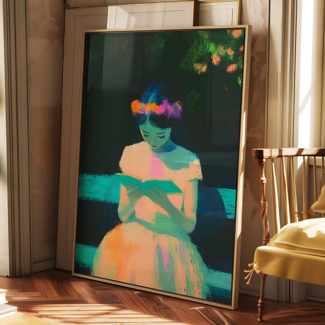 Young Woman Reading Book In Glowing Neon Night Garden Art Poster - Image 4